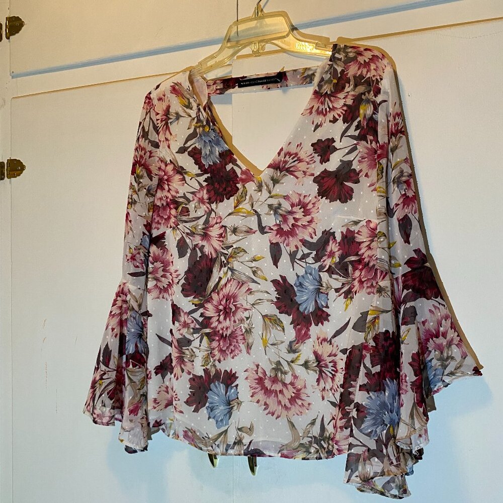White House Black Market Sheer Floral V Neck Top